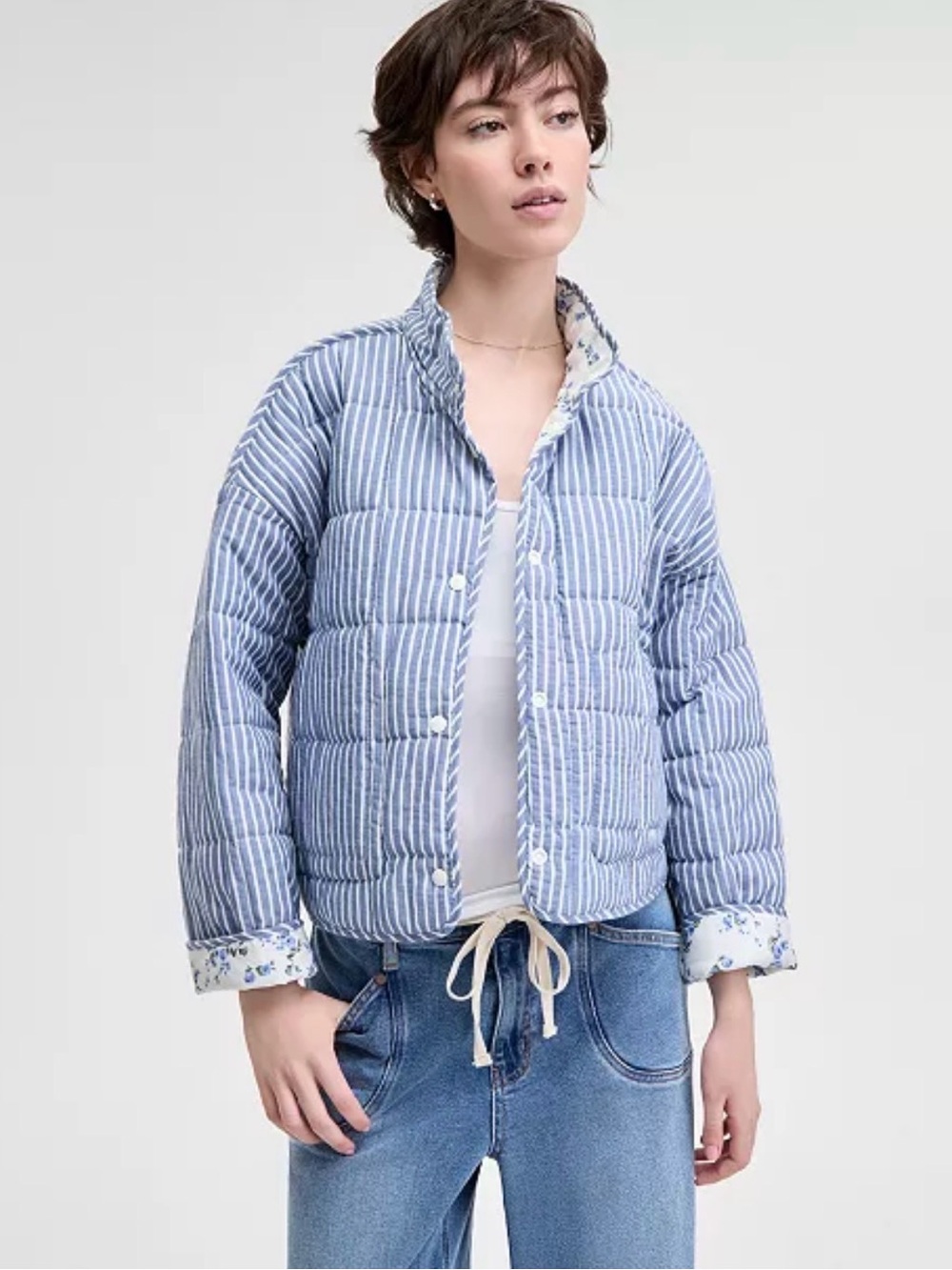 Women’s Quilted Reversible Relaxed-Fit Jacket Blue & White Stripes Floral Size S